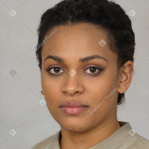 Neutral black young-adult female with short  black hair and brown eyes