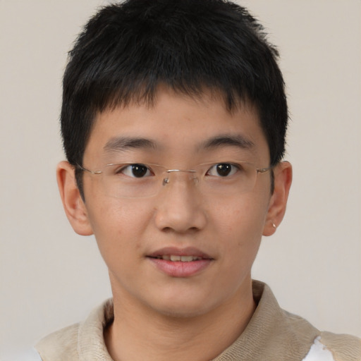 Joyful asian child male with short  brown hair and brown eyes