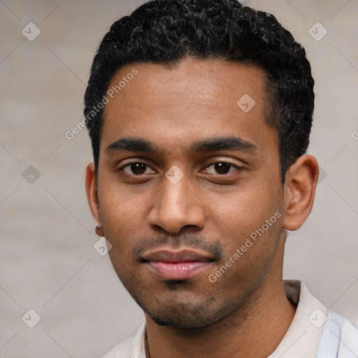 Neutral latino young-adult male with short  black hair and brown eyes