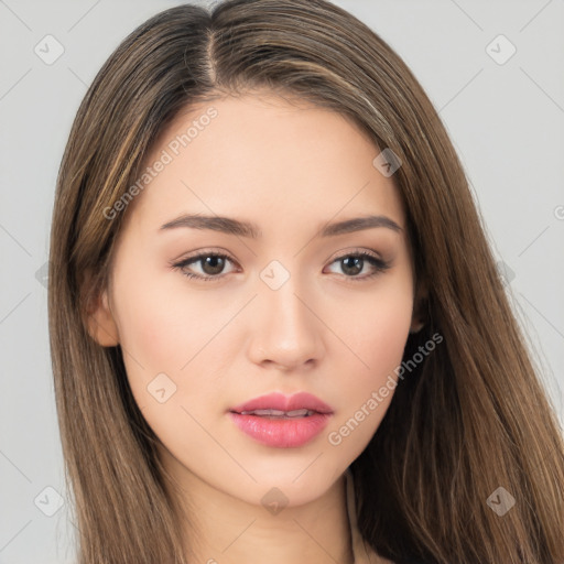 Neutral white young-adult female with long  brown hair and brown eyes