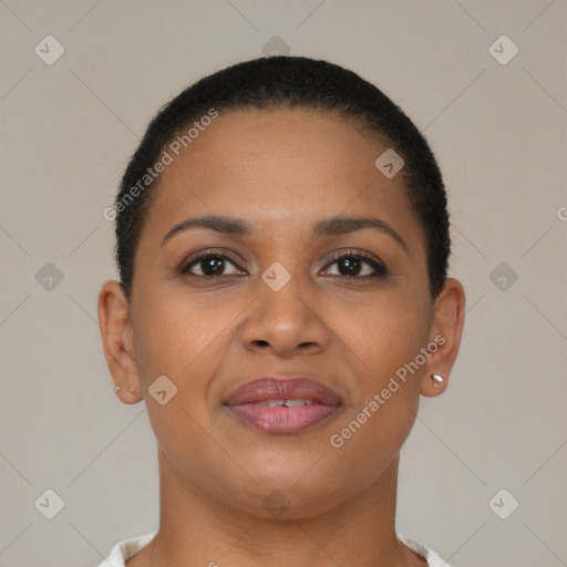 Joyful black young-adult female with short  brown hair and brown eyes