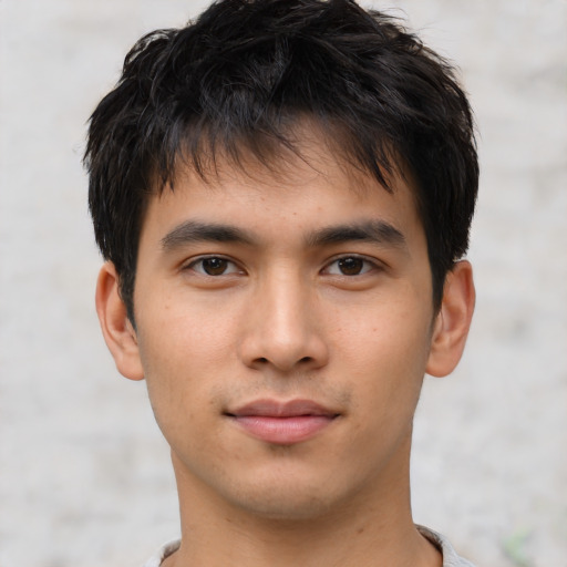 Neutral asian young-adult male with short  brown hair and brown eyes