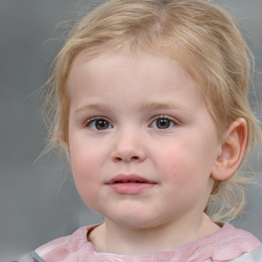 Neutral white child female with medium  brown hair and blue eyes