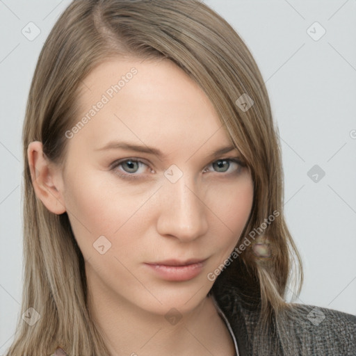 Neutral white young-adult female with long  brown hair and grey eyes