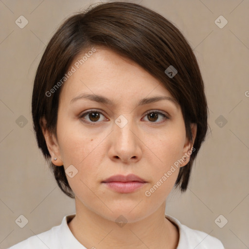 Neutral white young-adult female with medium  brown hair and brown eyes