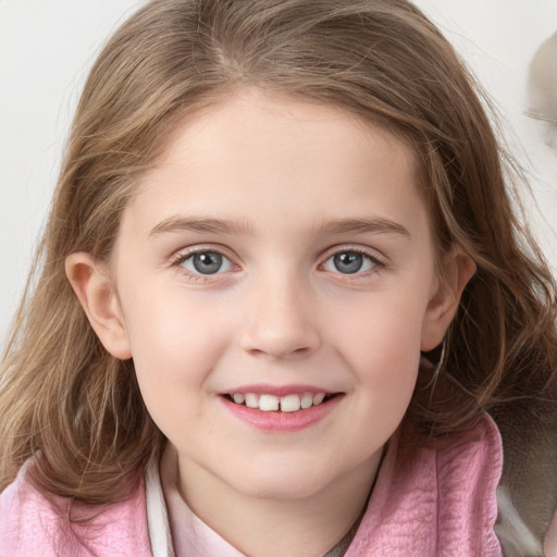 Joyful white child female with medium  brown hair and grey eyes