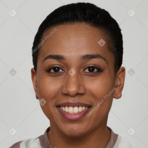 Joyful latino young-adult female with short  brown hair and brown eyes