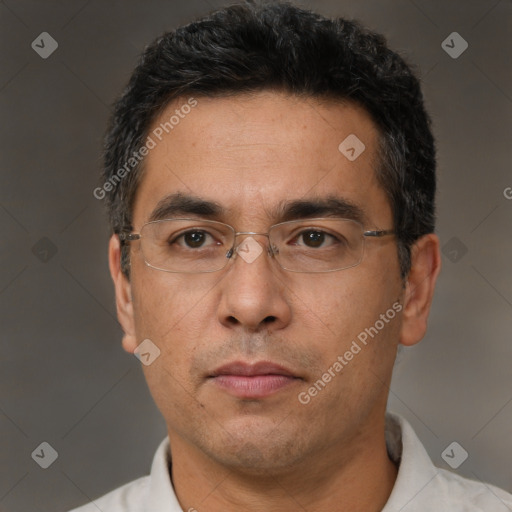 Neutral asian adult male with short  black hair and brown eyes