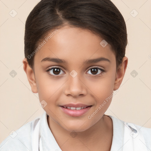 Joyful white child female with short  brown hair and brown eyes