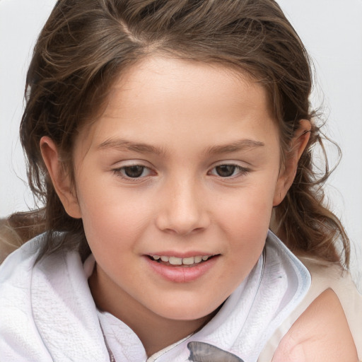 Joyful white child female with medium  brown hair and brown eyes