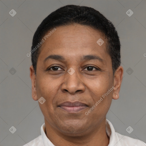 Joyful latino adult male with short  black hair and brown eyes