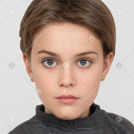 Neutral white young-adult female with short  brown hair and brown eyes