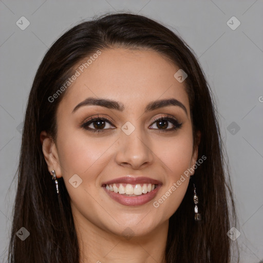 Joyful white young-adult female with long  brown hair and brown eyes