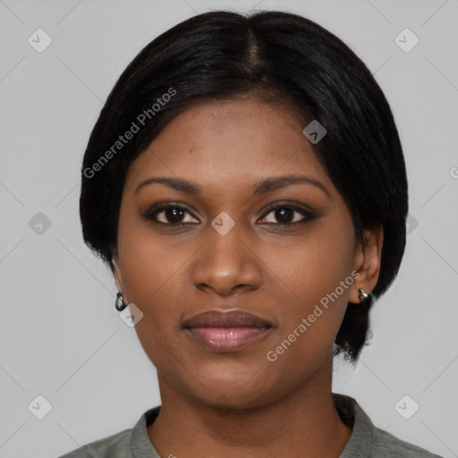 Joyful asian young-adult female with medium  black hair and brown eyes