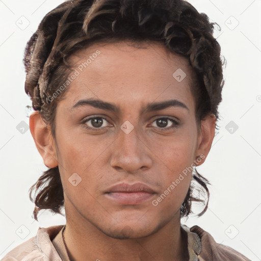 Neutral white young-adult female with short  brown hair and brown eyes