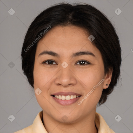 Joyful white young-adult female with medium  brown hair and brown eyes