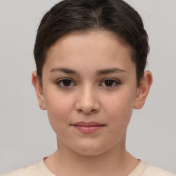 Joyful white child female with short  brown hair and brown eyes