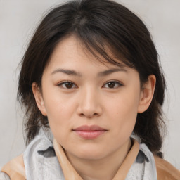 Neutral asian young-adult female with medium  brown hair and brown eyes