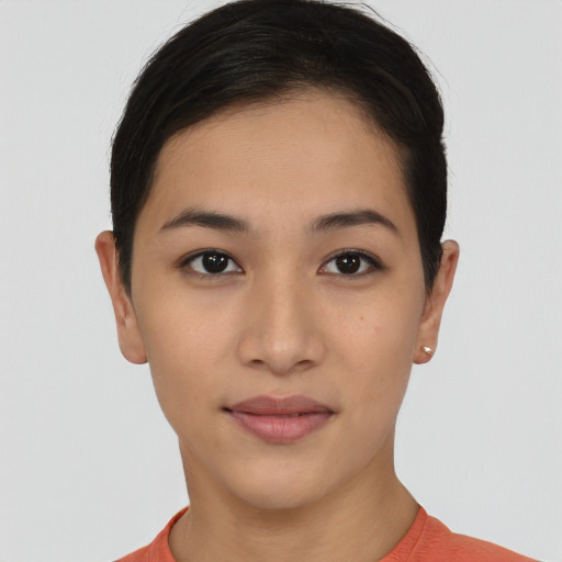 Neutral asian young-adult female with short  brown hair and brown eyes