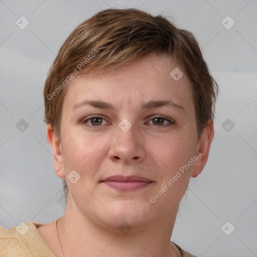 Joyful white young-adult female with short  brown hair and grey eyes