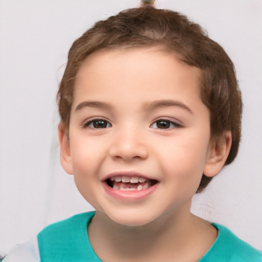 Joyful white child female with short  brown hair and brown eyes