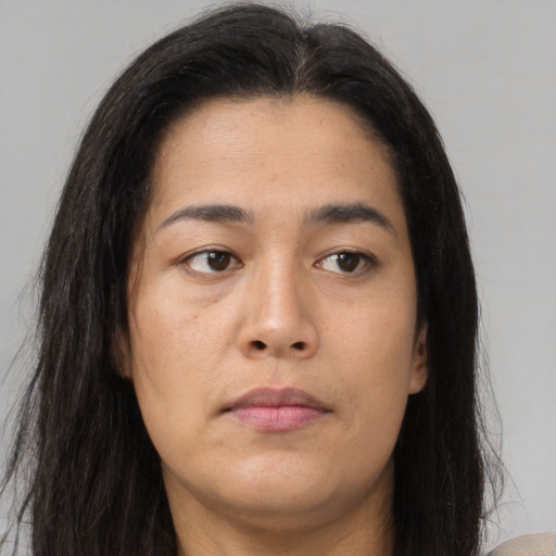 Neutral asian young-adult female with long  brown hair and brown eyes