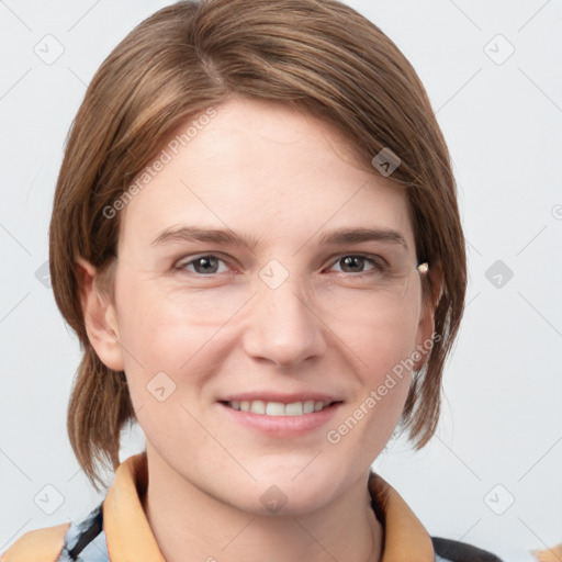 Joyful white young-adult female with medium  brown hair and grey eyes