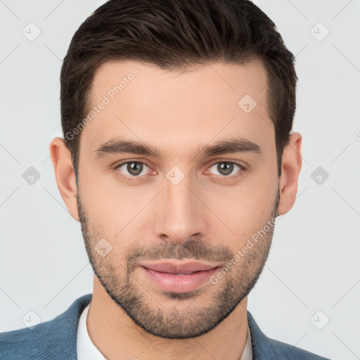 Neutral white young-adult male with short  brown hair and brown eyes