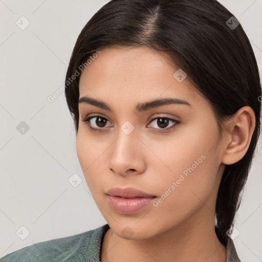 Neutral white young-adult female with medium  brown hair and brown eyes