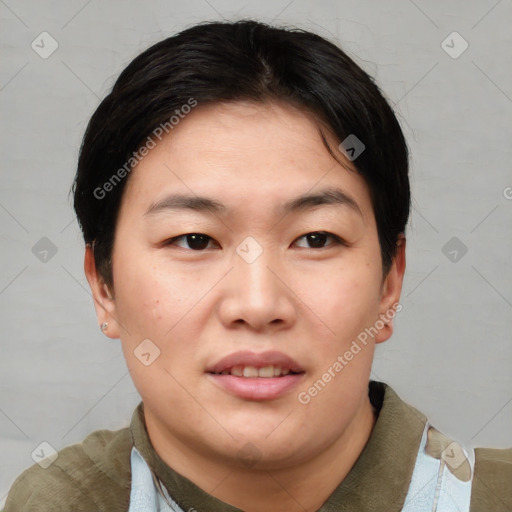 Joyful asian young-adult female with short  brown hair and brown eyes