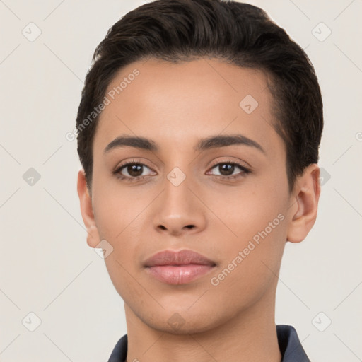 Joyful white young-adult female with short  brown hair and brown eyes