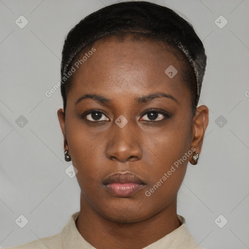 Neutral black young-adult female with short  black hair and brown eyes