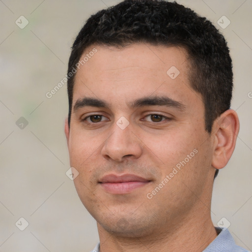 Neutral white young-adult male with short  black hair and brown eyes