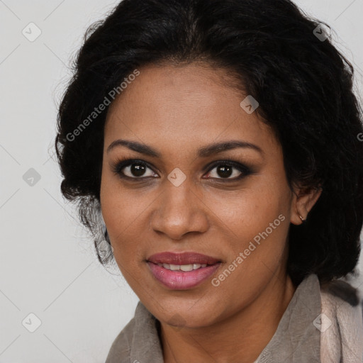 Joyful black young-adult female with medium  brown hair and brown eyes