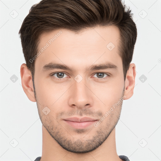 Neutral white young-adult male with short  brown hair and brown eyes