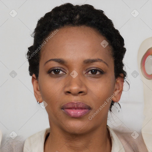 Neutral black young-adult female with short  black hair and brown eyes