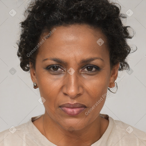 Joyful black adult female with short  brown hair and brown eyes