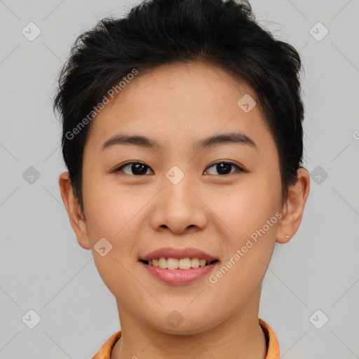 Joyful asian young-adult female with short  brown hair and brown eyes