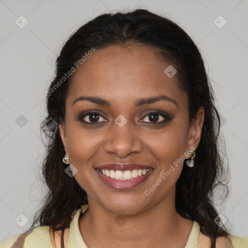 Joyful black young-adult female with medium  brown hair and brown eyes