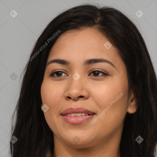 Joyful asian young-adult female with long  brown hair and brown eyes