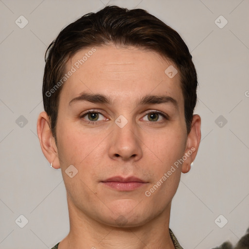 Neutral white young-adult male with short  brown hair and grey eyes