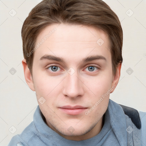 Neutral white young-adult male with short  brown hair and grey eyes