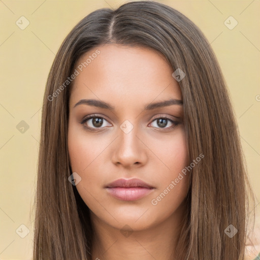 Neutral white young-adult female with long  brown hair and brown eyes