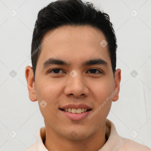 Joyful asian young-adult male with short  brown hair and brown eyes