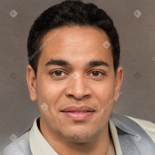 Joyful latino young-adult male with short  brown hair and brown eyes