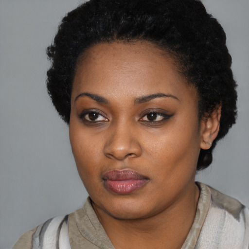 Neutral black young-adult female with short  black hair and brown eyes
