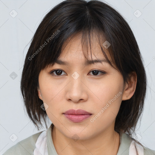 Neutral asian young-adult female with medium  brown hair and brown eyes