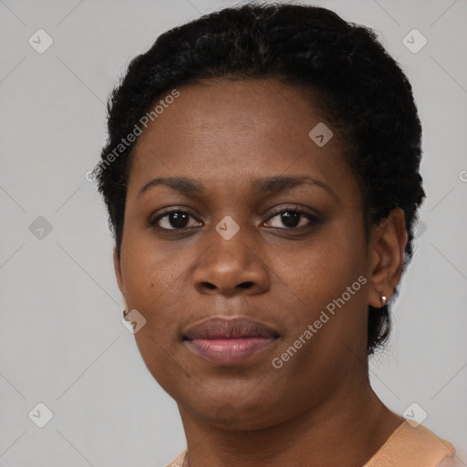 Neutral black young-adult female with short  black hair and brown eyes