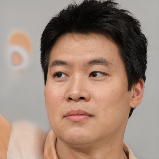 Neutral asian young-adult male with short  brown hair and brown eyes