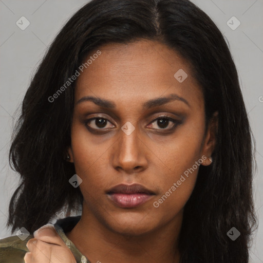 Neutral asian young-adult female with long  brown hair and brown eyes